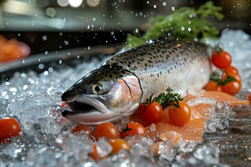 A fish on ice with tomatoes and lettuce
