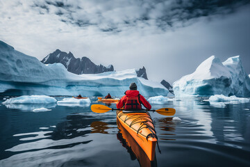 Frosty antarctic day landscape tourists expedition with polar animals extreme hiking Generative AI...