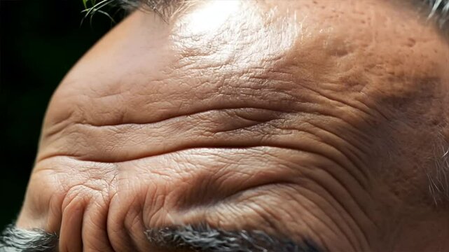 Close-up of a mature men forehead with wrinkles.