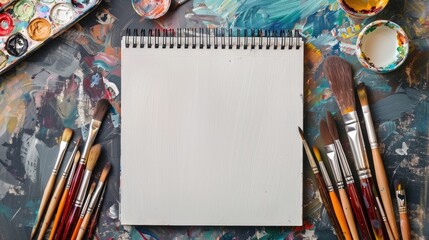 Creative tools Paintbrushes canvas sketchbook Blank space for text Visual presentation