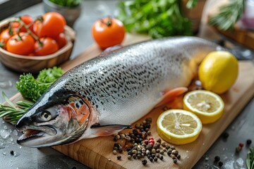 A large fish sitting on top of a cutting board