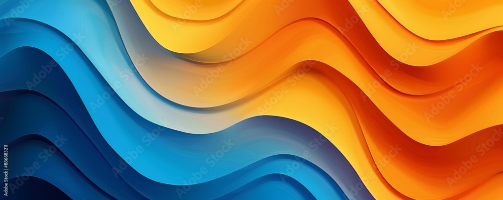 Poster a stunning gradient color wave pattern with bold transitions from orange to blue, featuring smooth, 