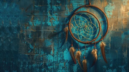 Dream catcher on blue textured background with copy space