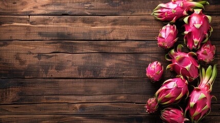 Dragon Fruits on Wood Background Close Up with Copy Space