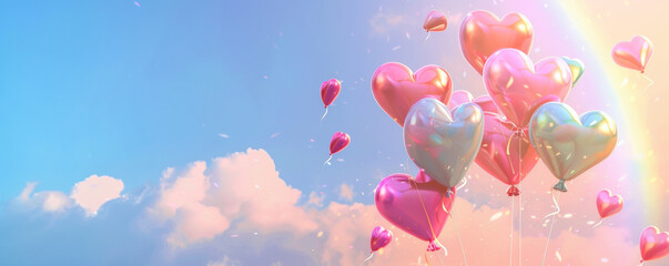 A romantic background with rainbow-colored heart balloons floating serenely in the sky. The scene is filled with vibrant balloons, against a clear sky with a faint rainbow, symbolizing love and
