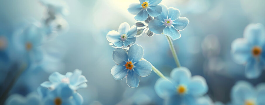 Close-up of a delicate forget-me-not, with its tiny petals and soft blue color. Illustration for a sentimental design or nature-themed artwork. The detailed rendering captures the forget-me-not sweet