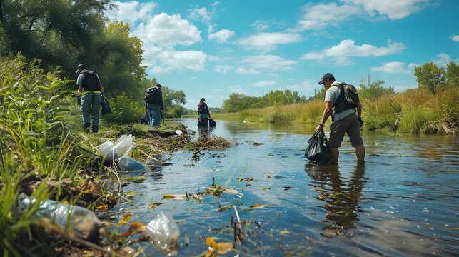 Volunteers Cleaning Up Serene River to Protect Nature and Sustainability