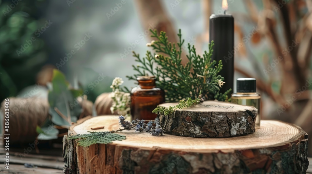 Poster eco friendly product display on pine stump with natural elements and space for text