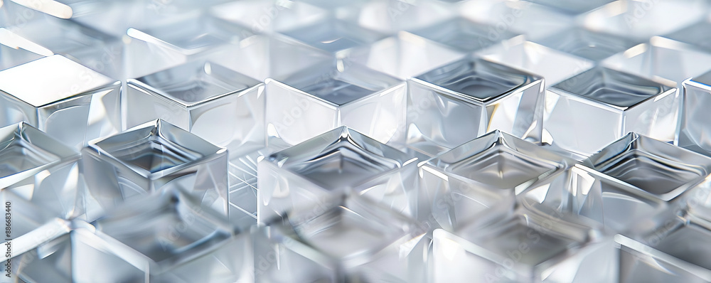 Poster a sophisticated geometric pattern with clear glass cubes, arranged in a hexagonal grid on a white ba