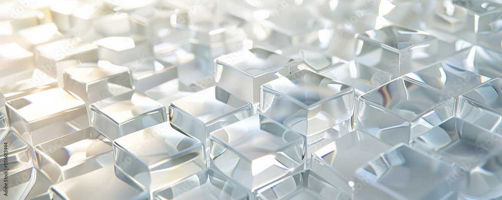 Poster a sophisticated geometric design with clear glass cubes, arranged in a hexagonal grid on a white bac