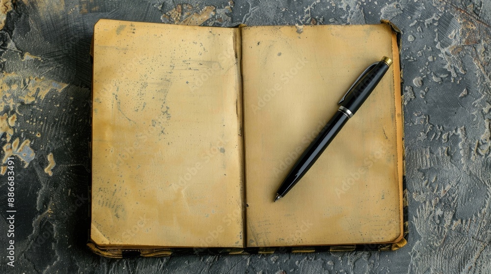 Poster empty notebook diary with pen seen from above