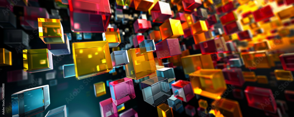 Poster a dynamic geometric design with colorful glass cubes in various sizes, forming a 3d mosaic on a dark