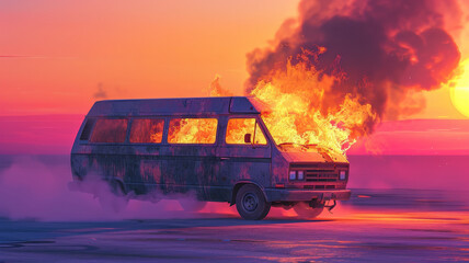 Obraz premium A burning van with roaring flames and dark smoke, isolated on a sunset gradient background from