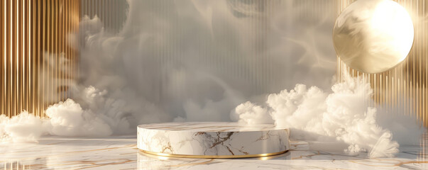 A pristine white marble table podium with gold veins in a luxurious room, surrounded by delicate smoke, adding a touch of elegance and mystique.