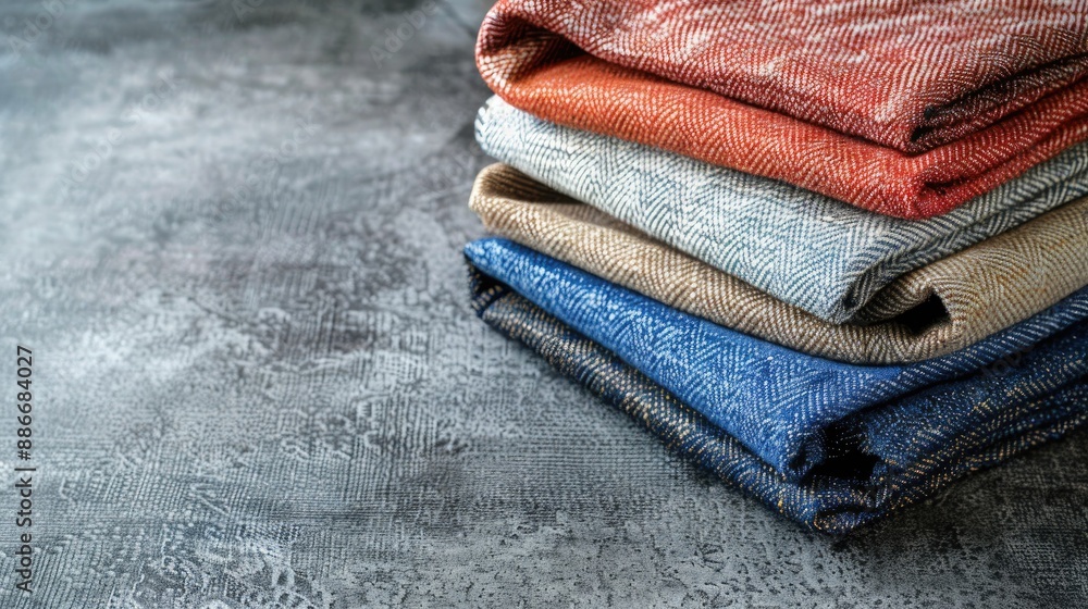 Poster folded jeans in various colors on gray backdrop with copy space close up of denim texture