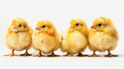 Four fluffy yellow chickens together on a white background
