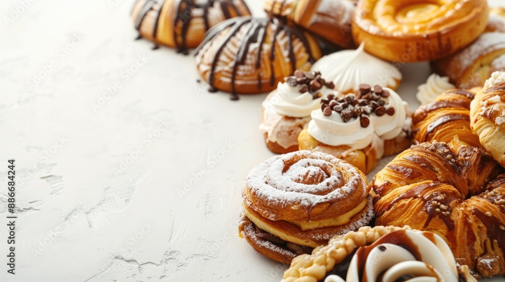 Poster freshly made bakery pastries on white background with space for text vertical image with selective f