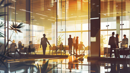 Illustration of business open green modern office daytime daylight. Commercial building lobby Working culture chill workplace work life balance plant green interior sustainable design sustainability