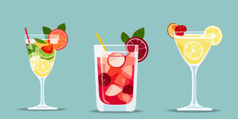Set of cocktails vector flat illustration. Classic cocktails in different types of glasses for menu. Alcohol beverages.
