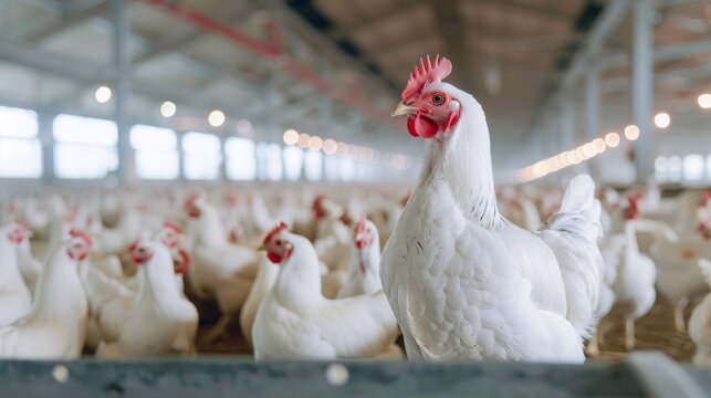 In a modern poultry house, a single white chicken stands proudly among its flock, its bright feathers contrasting the pure white walls