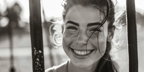 Obraz premium A person smiling while sitting on a swing