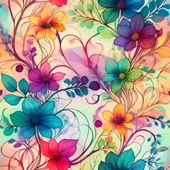 seamless floral pattern.A delicate pattern with tiny flowers and ivy vines, where the vines are wrapped in a spectrum of colors around the floral stems.
