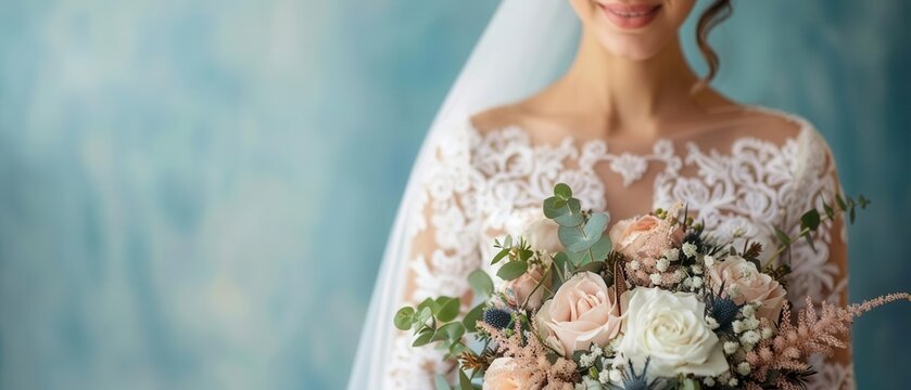 Beautiful bride in a beautiful stencil wedding dress holds a bouquet of flowers.