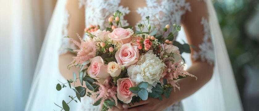 Beautiful bride in a stunning wedding dress holding a bouquet of flowers