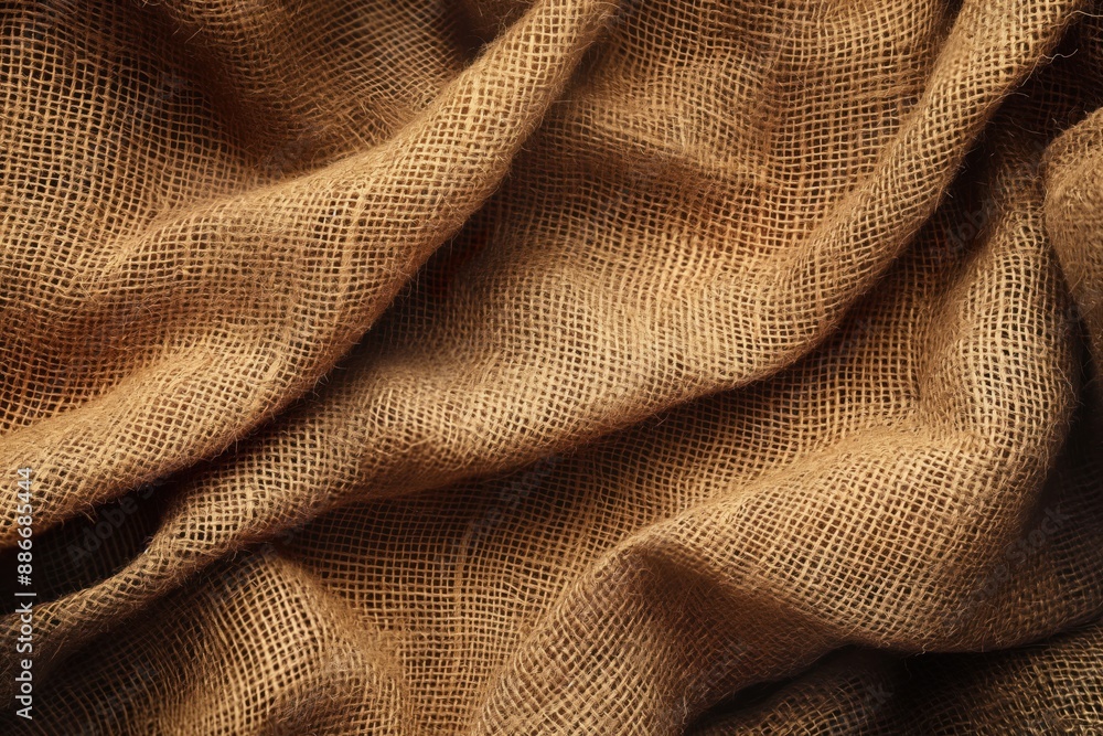 Aufkleber Close-up view of burlap fabric with natural texture showing fibers. Fabric focus on intricate details. Natural texture and fibers add depth to scene. Blurred background allows focus on fabric.