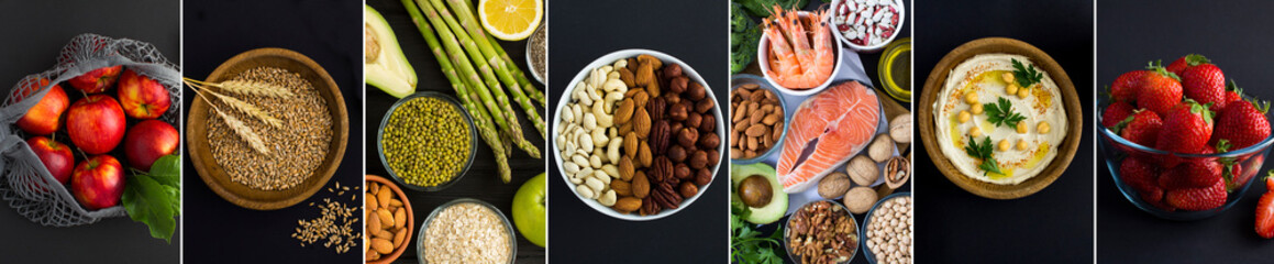 Collage of healthy food on the black background. Top view. Close-up.