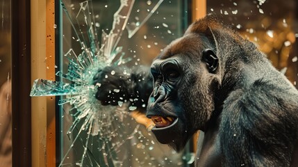 an angry big black gorilla punching a glass door with his iron fist, glass pieces shattering and floating and gorilla in full hot red head angry mood