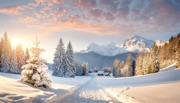 Verschneite Winterlandschaft mit Bergen 