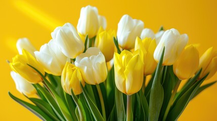 Obraz premium Bright yellow and white tulips arranged in a lovely bouquet on a sunny yellow backdrop, ideal for nature and floral themes