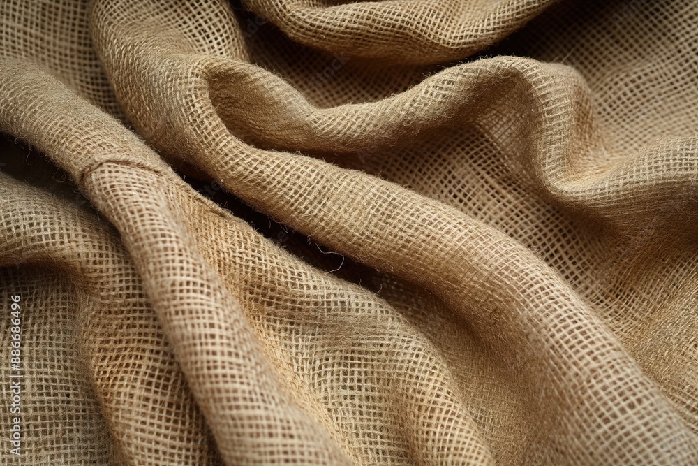 Poster Close-up view of rough burlap fabric texture with visible fibers on gray background. Natural material used in crafting, DIY projects, home decor. Earthy tone stands out against neutral backdrop.