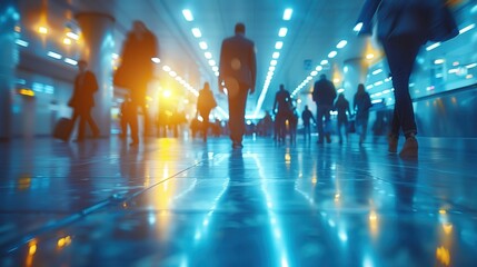 Commuters Walking in Busy Underground Station. Blurred motion of commuters walking through a brightly lit, bustling underground station corridor with reflections on the floor.
