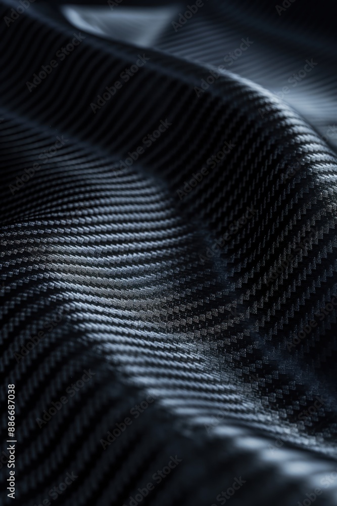 Poster Carbon fiber fabric texture close-up. Unique black white pattern creates intricate light shadow effect. Diagonal lines add depth visual interest. Blurred background focuses on fabric.