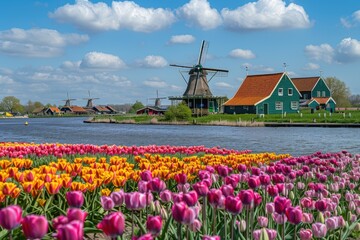 Traditional Dutch Windmills and a Field of Tulips