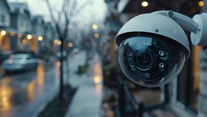 Naklejka premium Surveillance Camera on Rainy Street. Dome-shaped security camera on a rainy street, capturing the view of parked cars and houses in the background.