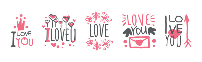 Love You Pink Sticker for Valentine Day Holiday Vector Set