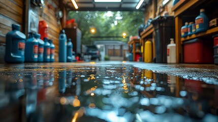 Fototapeta premium Wet Garage Floor with Car Care Products. Wet garage floor with various car care products lined up, emphasizing the readiness for vehicle cleaning and detailing tasks.