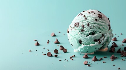 Mint Chocolate Chip Ice Cream Scoop with Chocolate Chips on Light Blue Background - Refreshing Dessert Concept