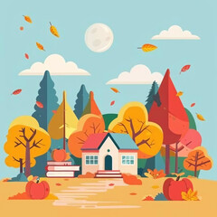 Charming autumn illustration of a cozy house surrounded by colorful trees and falling leaves, depicting a peaceful fall day.