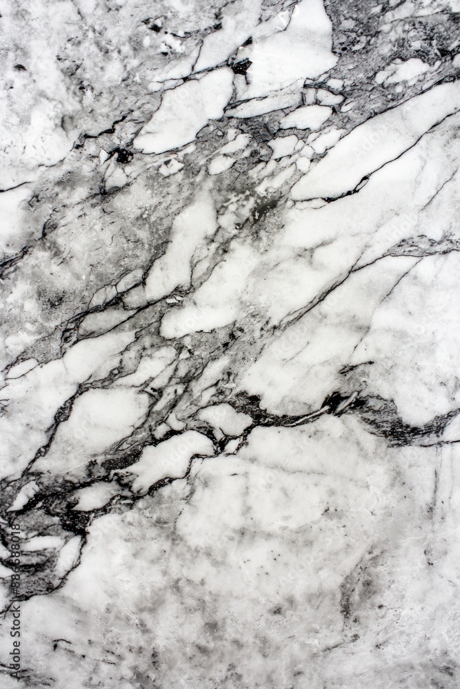 Aufkleber Marble surface texture close-up. White gray hues contrast with black veins adding depth. Above perspective shows intricate patterns. Suitable for design backgrounds, textures, and materials.