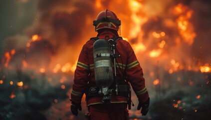 Firefighter Approaching Flames. Firefighter approaches intense flames, demonstrating courage and readiness to tackle the fire.