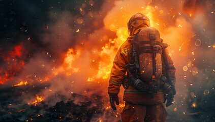 Fototapeta premium Firefighter Amidst Flames and Smoke. Firefighter stands amidst flames and smoke, highlighting the perilous nature of firefighting.