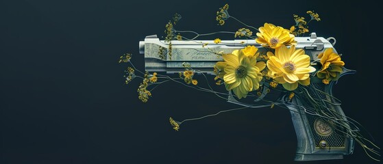 gun with yellow flowers on black background, with free space for editing 