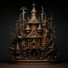 wooden carved statue of human animals buildings and nature