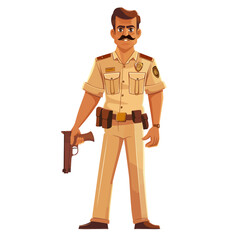 Indian police officer in uniform standing with gun. Portrait of an Indian cop with gun. 