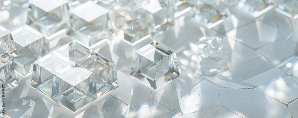 Poster a sophisticated geometric pattern with clear glass cubes, arranged in a hexagonal grid on a white ba