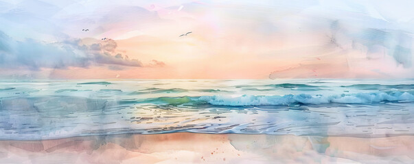 A peaceful watercolor painting of an empty beach at dawn, with pastel colors in the sky reflecting on the calm ocean. Soft waves gently touch the shore, and distant seagulls are seen flying over the